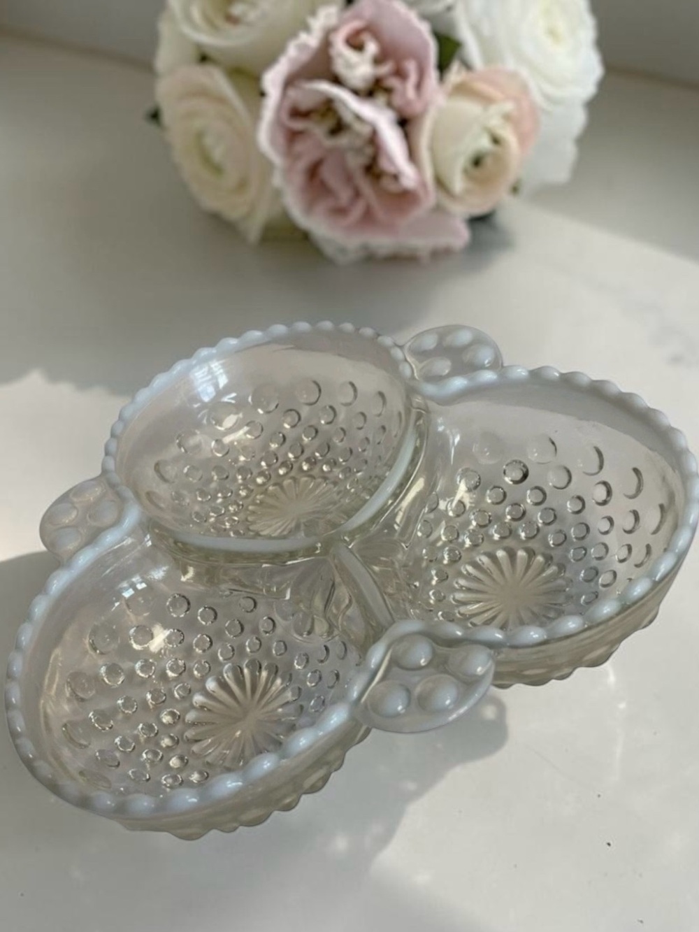 Vintage Moonstone Hobnail Relish Dish | Cottagecore Milk Glass Trim Serving Tray